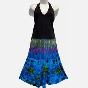 Nwt SACRED THREADS funky ethnic boho hippy tie dyed knit viscose halter DRESS M